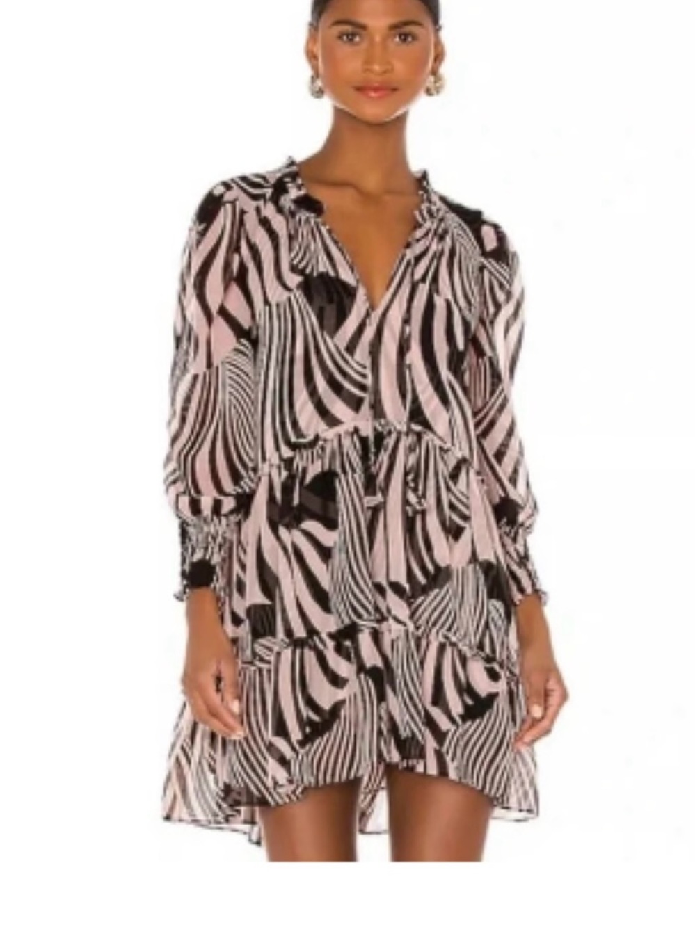 Misa Los Angeles white and Black Abstract Tiered Long-Sleeve Mini Dress